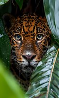 Close-up of jaguar with intense gaze peering through lush green rainforest foliage, showcasing spotted coat pattern and alert expression.
