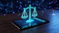 Digital justice scales hologram emerging from tablet screen with glowing network connections and circuit patterns on dark background for legal technology concepts.