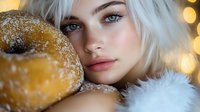 Young Caucasian woman with platinum blonde hair and blue eyes poses with sugar-dusted donuts against blurred golden bokeh lights, creating dreamy winter atmosphere.
