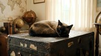 Siamese cat resting on vintage leather suitcase in cozy study room with world map and globes creating warm nostalgic atmosphere for home decor projects.
