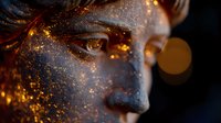 Close up portrait with golden glitter makeup and sparkles on dark skin in dramatic lighting, creating magical atmosphere with bokeh effect and shimmering particles.