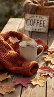 Steaming coffee mug on rustic wooden table with orange knit scarf and colorful autumn maple leaves, cozy fall season mood.