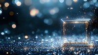 Glowing geometric cube frame on dark glittery surface with magical bokeh lights and sparkles creating mystical atmospheric scene for fantasy designs.