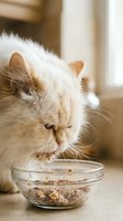Fluffy orange and white domestic cat eating from glass bowl in bright kitchen interior with natural sunlight streaming through windows.