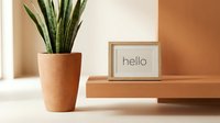 Minimalist interior shelf with a framed hello sign and snake plant in terracotta pot, warm neutral tones for home decor or greeting concepts.