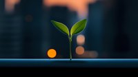 Young green sprout growing against blurred city lights background at dusk, symbolizing urban sustainability, growth, and environmental consciousness in business.