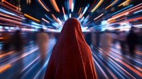Mysterious figure in red cloak against futuristic light trails background creating dramatic motion blur effect and sense of speed movement in urban night setting.