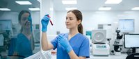 Female scientist in blue scrubs examining blood sample test tube in modern medical laboratory with advanced equipment and sterile environment.