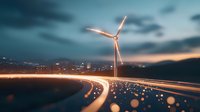 Wind turbine against dramatic evening sky with light trails from traffic creating curved lines, city lights glowing in background at dusk, renewable energy concept.