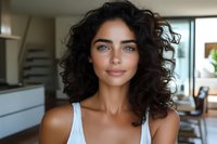 Young Mediterranean woman with natural curly dark hair and bright blue eyes wearing white tank top smiling at camera in modern home interior setting.