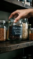 Hand reaching toward glass jar labeled with chalk text containing roasted coffee beans on wooden shelf with additional storage containers, representing ethical sourcing and sustainable beverage production.