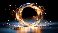 Glowing golden light ring with sparkling particles and bokeh effects on dark blue background creates magical atmosphere for fantasy designs.