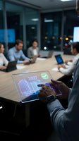 Professional holding transparent tablet with holographic data visualization and checkmark during corporate meeting with diverse team in modern office environment.