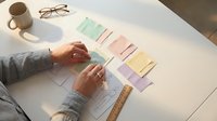 Professional designer organizing colorful sticky notes on white desk with coffee mug and eyeglasses for creative project planning and workflow management.