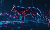 Wolf silhouette overlaid on financial market chart with neon blue and red glow effect, representing aggressive trading and market volatility in stock market analysis.