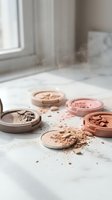 Broken makeup powder compacts scattered on white marble surface near window with natural light for beauty and cosmetics content.