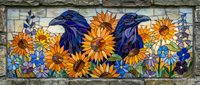 Mosaic art featuring black ravens among vibrant sunflowers and blue wildflowers in decorative stone frame for garden wall decor and artistic home design.