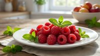 Fresh red raspberries arranged on white plate with mint leaves, kitchen counter setting with fruit bowl background, suitable for food photography, culinary blogs, recipe websites, and healthy eating content.