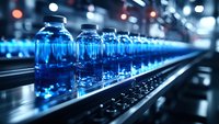 Blue glass vials on automated pharmaceutical production line with selective focus. Manufacturing facility shows rows of medical containers in sterile environment.