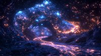 Cosmic landscape with glowing nebula in deep space, featuring vibrant blue and pink celestial clouds swirling above rocky terrain, creating mystical astronomical scenery.