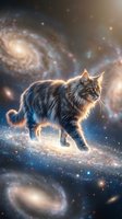 Fluffy tabby cat walking on cosmic stardust path surrounded by spiral galaxies and nebulae in deep space fantasy scene for creative projects.
