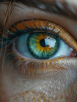 Extreme macro shot of mesmerizing turquoise human eye with gold glitter makeup and long eyelashes in artistic beauty photography style.