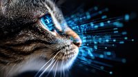 Tabby cat with glowing blue eye emitting digital data streams and circuit patterns, representing artificial intelligence, technology, and cyber connectivity for tech concepts.
