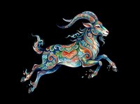 Colorful ornamental goat leaping with swirling folk art patterns, isolated on transparent background, ready for stickers, t-shirt design, and print on demand.