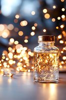 Glass jar with magical glowing fairy lights inside against blurred bokeh background creates dreamy atmospheric mood for holiday and celebration designs.