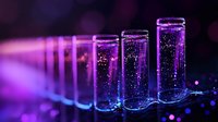 Glowing glass test tubes with sparkling particles in purple and blue neon lighting create futuristic scientific laboratory atmosphere against dark background.
