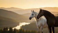Two horses standing together at sunset overlooking mountain valley with lake, white and dark brown equines in romantic golden hour landscape scenery.