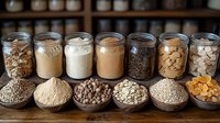 Assorted organic ingredients in glass jars and wooden bowls on rustic table. Raw nuts, seeds, flours and superfoods for healthy cooking and baking.