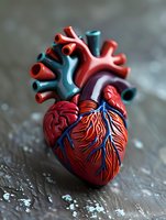 Anatomically accurate model of human heart with detailed arterial and venous system shown in red and blue colors on textured background. Medical education concept.