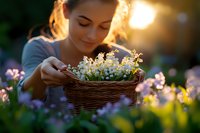 Young woman holding wicker basket with fresh lily of the valley flowers in spring garden during golden sunset light, soft focus romantic atmosphere.