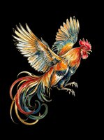 Colorful rooster with vibrant orange, gold, and teal plumage, isolated on transparent background. Ready for t-shirt designs, clipart, stickers, sublimation, and print-on-demand products.
