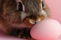 Close-up of brown bunny rabbit nose touching pink Easter egg against soft pink background, creating tender spring holiday mood for seasonal designs and cards.