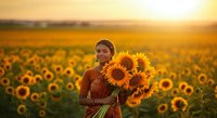 Woman in burgundy dress holding sunflowers in golden field at sunset, agricultural harvest scene for seasonal and nature-themed designs.