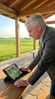 Mature Caucasian businessman using tablet computer on wooden terrace overlooking green agricultural fields during golden hour sunset.