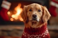 Golden retriever dog wearing red knit sweater sitting by warm fireplace during Christmas holiday season creating cozy winter atmosphere at home.