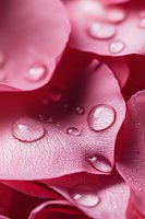 Delicate water drops on pink rose petals create natural abstract pattern with soft texture and veins visible in macro photography. For romantic designs.