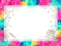 Colorful watercolor birthday party frame with balloons, gifts and confetti on white background for celebration invitations and greeting cards.