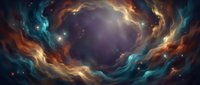 Cosmic nebula with swirling orange and teal gas clouds surrounding a luminous center, featuring stars and ethereal light effects for space and astronomy concepts.