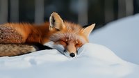Sleeping red fox resting on white snow during winter, close-up portrait of wild animal with closed eyes and peaceful expression in natural habitat.