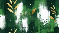 Abstract emerald green and white brushstrokes background with golden botanical elements and leaves creating modern artistic composition for wall art and decor.
