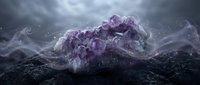 Mystical amethyst crystal formation with ethereal smoke and sparkling particles against dramatic stormy sky background for spiritual healing designs.