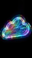 Neon cloud computing symbol with circuit board patterns and rainbow holographic glow on black background for technology and digital transformation concepts.