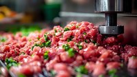 Fresh ground beef with herbs being processed through meat grinder for cooking and meal preparation in kitchen.