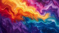 Vibrant fluid art with swirling waves of orange, yellow, pink, purple, and blue colors creating a cosmic abstract background for creative design projects.