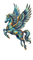 Ornate winged pegasus with intricate blue and gold detailing, isolated on transparent background. Ready for t-shirt design, clipart, stickers, sublimation, and print-on-demand projects.