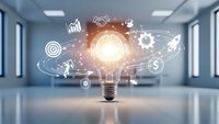 Glowing light bulb with business icons floating in modern office space representing innovation, creativity, and strategic planning solutions.
